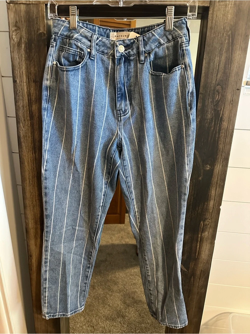 PacSun Mom Jeans Womens 26 Blue White Pinstripe High Rise Tapered 100% Cotton
